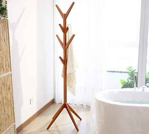 Neasyth Solid Wood Coat Rack Simple Entryway Standing Hall Tree Tetrapod Base for Hat Jacket Coat Hanger Rack in Living Room Bedroom (Teak Color)