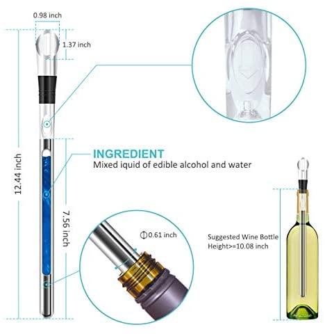 Iceless Wine Chiller, 3-in-1 Stainless Steel Wine Bottle Cooler Stick with Aerator and Pourer - Includes a Waiter's Corkscrew and Stopper by Newward