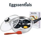 Eggssentials Poached Egg Maker - Nonstick 4 Egg Poaching Cups - Stainless Steel Egg Poacher Pan FDA Certified Food Grade Safe PFOA Free With Bonus Spatula