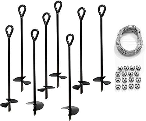 Ground Anchor with 50 Feet of Galvanized Wire with Clamps – Ideal for Securing Animals, Tents, Canopies, Sheds, Powder-Coated Solid Steel Auger – Pack of 4 by AshmanOnline