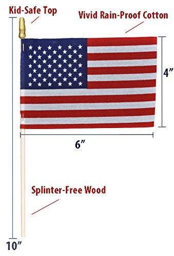 Hand Held American Flags on Sticks 60-Pack 4”x6” Made in USA, Sold by Vets, American Quality, Vivid Colors, Rain Proof, Kid-Safe Spear Top. Perfect for Parades, Scout Troops, Returning Servicemen