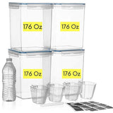 EXTRA LARGE WIDE & DEEP Food Storage Airtight Pantry Containers [Set of 4] 5.2L /176 oz + 4 Measuring Cup + 18 FREE Chalkboard labels and Marker Ideal for Sugar, Flour, Baking Supplies - Clear Plastic