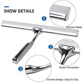Quntis Shower Squeegee, 10" Stainless Steel Squeegees for Shower Doors, Bathroom, Window and Car Glass, All-Purpose Cleaning Squeegee with Matching Hooks Holder, 1 Replacement Squeegee Blade