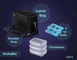 Zuzuro Lunch Bag Insulated Cooler Lunch Box w/ 3 Compartment - Heavy-Duty Fabric, Strong SBS Zippers - Includes 3 Meal Prep Lunch box Containers + 2 Ice Packs. For Men Women Adults (Black)