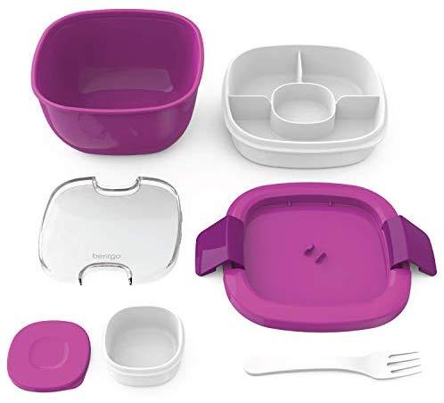 Bentgo Salad BPA-Free Lunch Container with Large 54-oz Salad Bowl, 3-Compartment Bento-Style Tray for Salad Toppings and Snacks, 3-oz Sauce Container for Dressings, and Built-In Reusable Fork (Blue)