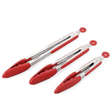 TENDOMI Kitchen Tongs - Set of 3 Non Scratch Tongs - Stainless Steel BBQ Tongs with Silicone Tips and Locking Clip,Non-Slip 7, 9, 12 Inch Salad Tongs for Cooking Serving Grilling and Barbecue,Red