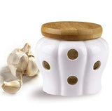 Garlic Keeper, Bekmore Ceramic Garlic Storage Container Vented White Stoneware with Bamboo Lid