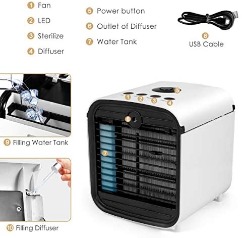 MOSAJIE Personal Air Conditioner, Portable Air Cooler, 5 in 1 Evaporation Cooler, Desktop Cooling Fan with 7 LED Light and 3 Speeds for Home, Office, Dorm