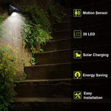 Neloodony Solar Lights Outdoor, Wireless 28 LED Motion Sensor Solar Lights with Dark Sensing Auto On/Off, Easy Install Waterproof Security Lights for Front Door, Back Yard, Driveway, Garage (4 Pack)