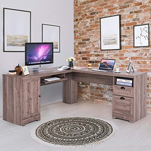 Tangkula 66" × 66" L-Shaped Desk, Corner Computer Desk, with Drawers and Storage Shelf, Home Office Desk, Sturdy and Space-Saving Writing Table,Brown