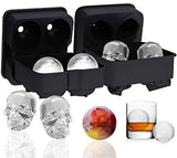 Ouddy 2 Pack Ice Ball Maker Skull Mold, Silicone Ice Cube Trays, Giant Black Skull & Round Ice Cube Maker for Whiskey Wine, Cocktails and Beverages