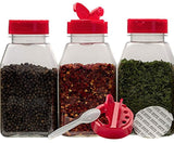 Spice Jars - 16 oz. clear plastic spice containers with shaker red two sided flip tops lids shaking sifter spoon caps - 6 sets - plus 2 mini spoons and 6 White indicating labels