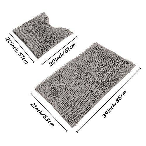 Sunnyglade Bathroom Contour Rugs Combo, Set of 2 Chenille Fabric Microfiber Soft Shaggy Non Slip 21" X 34" Bath Shower Mat and 20" X 20" U-shaped Toilet Floor Rug Bathroom Carpet