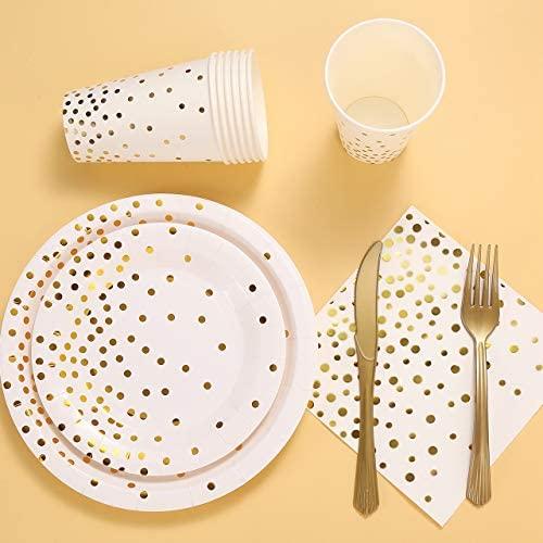 Duocute White and Gold Party Supplies 150Pcs Golden Dot Disposable Party Dinnerware Includes Paper Plates, Napkins, Knives, Forks, 12oz Cups, Banner, for Bridal Shower, Engagement, Wedding, Serves 25