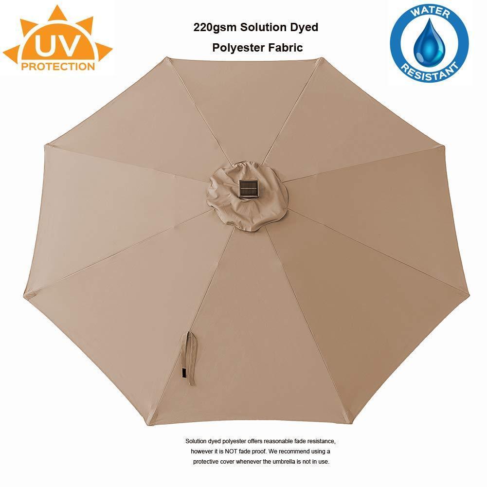 C-Hopetree 9ft LED Lighted Solar Outdoor Patio Market Umbrella for Balcony Table Deck Garden Shade or Pool with Tilt, Beige