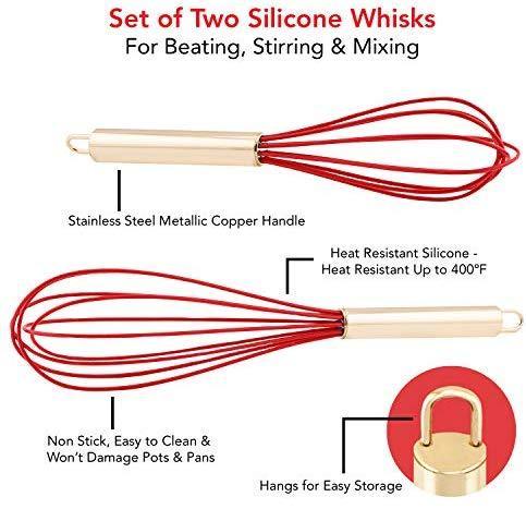 TEEVEA  Set of 2 Whisks, 10” and 12” Beaters, Stainless Steel and Silicone – Gold and Red