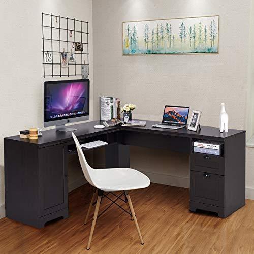 Tangkula 66" × 66" L-Shaped Desk, Corner Computer Desk, with Drawers and Storage Shelf, Home Office Desk, Sturdy and Space-Saving Writing Table,Brown