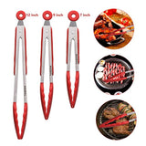TENDOMI Kitchen Tongs - Set of 3 Non Scratch Tongs - Stainless Steel BBQ Tongs with Silicone Tips and Locking Clip,Non-Slip 7, 9, 12 Inch Salad Tongs for Cooking Serving Grilling and Barbecue,Red