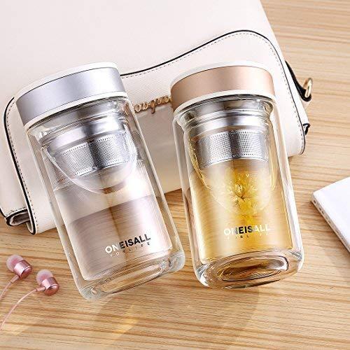 ONEISALL Double Wall Glass Travel Tea Mug with Stainless Steel Filter, Ultra Clear Spill-proof Strong Glass Tea Tumbler, 320ML (Champagne)
