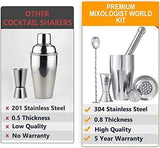 Premium Cocktail Shaker Bartender Kit -24 Ounces Bar Set Built-in Strainer With Muddler, Mixing Spoon, Measuring Jigger and Ice Tong Plus Cocktail Recipes - Bar Tools for Martini (Grey) by Mixologist World
