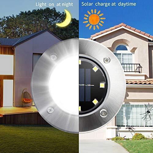 12 Pack Solar Powered Ground Lights, 8LED Solar Pathway Lights Solar Powered Disk Garden Light Solar Lawn Lights, Outdoor Waterproof Solar Patio Landscape Lighting for Deck Yard Walkway-White (12)