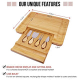 100% Natural Bamboo Cheese Board and Cutlery Set with Slide-out Drawer. Serving Tray for Wine, Crackers, Charcuterie. Perfect for Christmas, Wedding & Housewarming Gifts.