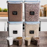EXTRA LARGE WIDE & DEEP Food Storage Airtight Pantry Containers [Set of 4] 5.2L /176 oz + 4 Measuring Cup + 18 FREE Chalkboard labels and Marker Ideal for Sugar, Flour, Baking Supplies - Clear Plastic