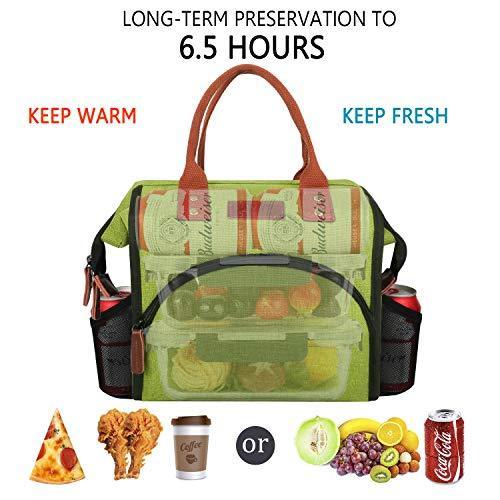 Lunch Bag, KOMUEE Insulated Lunch Box Wide-Open Lunch Tote Bag Large Drinks Holder Durable Nylon Thermal Snacks Organizer for Women Men Adults College Work Picnic Hiking Beach Fishing (green)