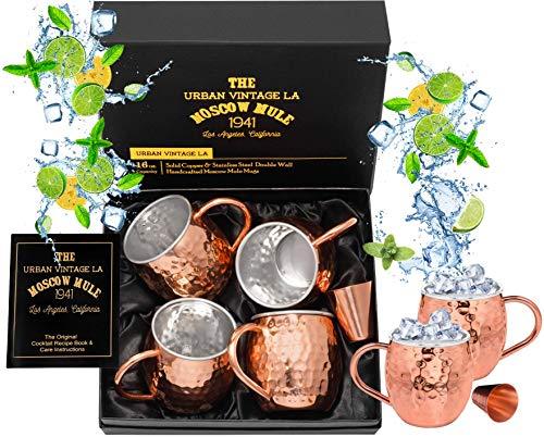 Set of 4 Moscow Mule Copper Mugs with Stainless Steel Lining and Shot Glass in Gift Box, Premium Food Safe Double Wall Heavy Copper Cups for Everyday Use