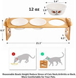Ymachray Raised Cat Dog Bowls with Stand Feeder, Elevated Bamboo Stand with 3 Ceramics Bowls, Adjustable 4 Heights