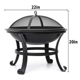 KingSo Outdoor Fire Pit 22'' Patio Fire Steel BBQ Grill Fire Pit Bowl with Mesh Spark Screen Cover, Log Grate, Poker for Camping Picnic Bonfire Patio Backyard Garden Beaches Park