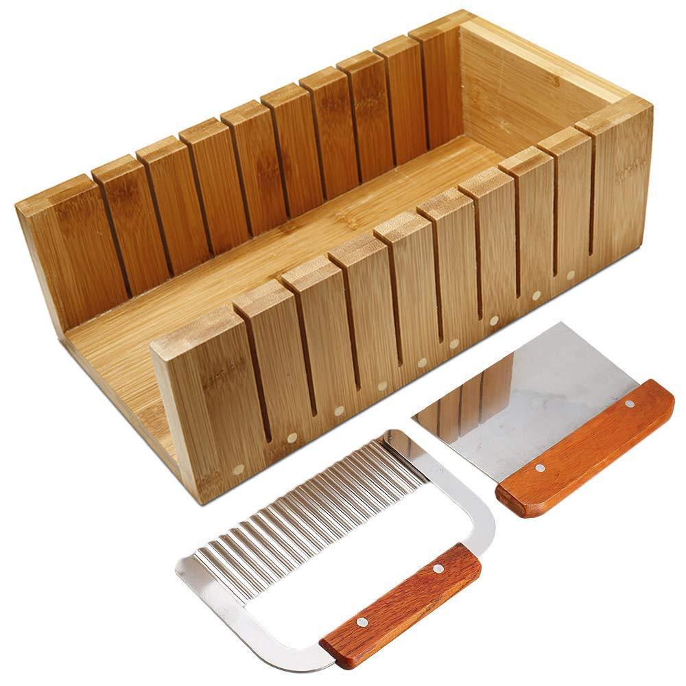 Soap Cutting Tool Set Wooden Loaf Cutter Mold + 2 Pcs Straight Wavy Stainless Steel Cutter Slicer