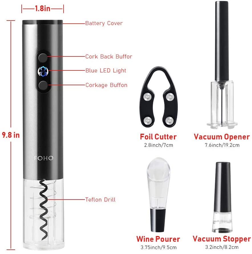 FOHO Electric Wine Opener, 6 in 1 Cordless Automatic Corkscrew Set, Gift Box contains Air Pressure Wine Opener, Foil Cutter
