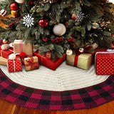 LimBridge Christmas Tree Skirt, 48 inches Buffalo Plaid Knitted Thick Heavy Yarn Rustic Xmas Holiday Decoration, Cream Burgundy