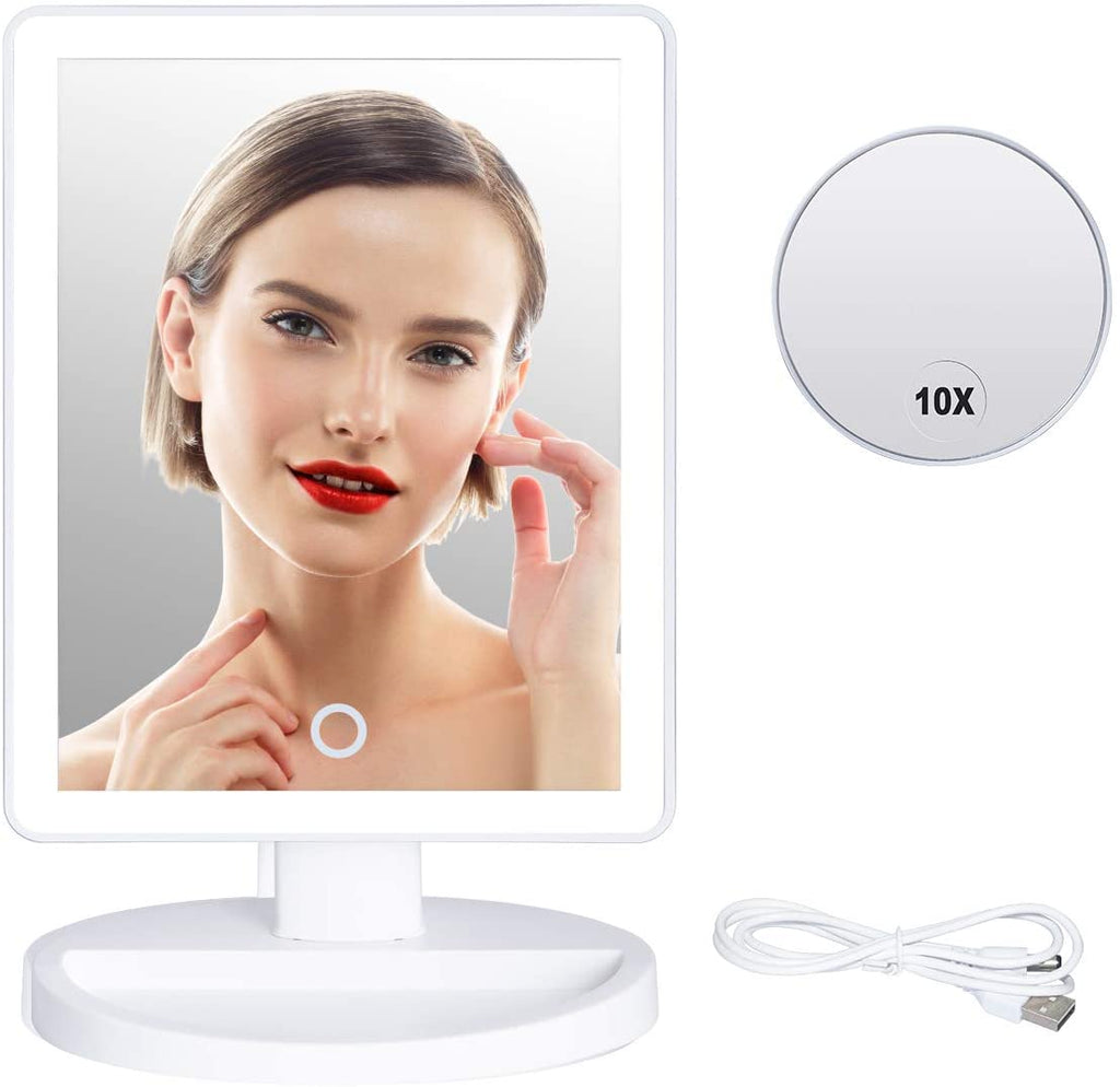 Benbilry Lighted Makeup Mirror - 37 LED Lighted Vanity Mirror with Detachable 10X Magnifying Mirror, Touch Screen Dimming, Dual Power Supply, 180° Rotation Cosmetic Mirror with Light