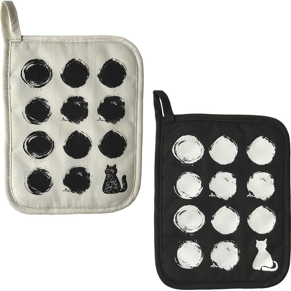 GREVY Cotton Pot Holders with Cats on Them (Black and Ivory)