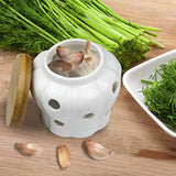 Garlic Keeper, Bekmore Ceramic Garlic Storage Container Vented White Stoneware with Bamboo Lid