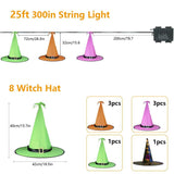 Opard Halloween Decorations Outdoor 8Pcs Hanging Glowing Lighted Witch Hat Decorations String Lights Battery Operated Halloween Décor for Outdoor Yard Tree