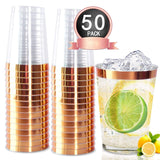 100pack Gold Plastic Cups- 12oz Clear Plastic Cups with Gold Rim-Wedding/Party Disposable Cups-Heavyweight Plastic Tumblers-OUGOLD