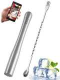 CMflower Stainless Steel Cocktail Mixing Spoon Garnish Fork 9 Inch Drink Muddler Fruit Masher Barware Tool Set for Mojito and Mint Julep in Bar Home Party