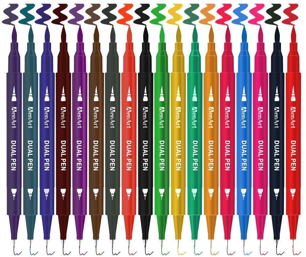 18 Pack Dual Brush Calligraphy Marker Pens for Beginners, Brush Tips & Colored Fine Point Bullet Journal Pen Set for Lettering Writing Coloring Drawing (School Office Art Supplies) by Aen Art