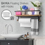 BAYKA Floating Shelf Wall Mounted, Rustic Wood Shelf for Bathroom Kitchen, Decor Storage Shelf with 8 Removable Hooks and Towel Bar