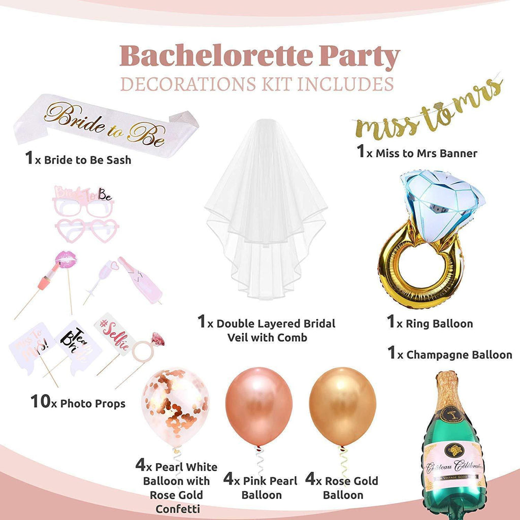 S2 Shoppe Bachelorette Party Decorations Kit | Bridal Shower | Bride to Be Sash, Veil, Champagne, Ring Foil Balloon, Rose Pearl Confetti Gold Balloons, Gold Glitter Miss to Mrs Banner | Photo Props