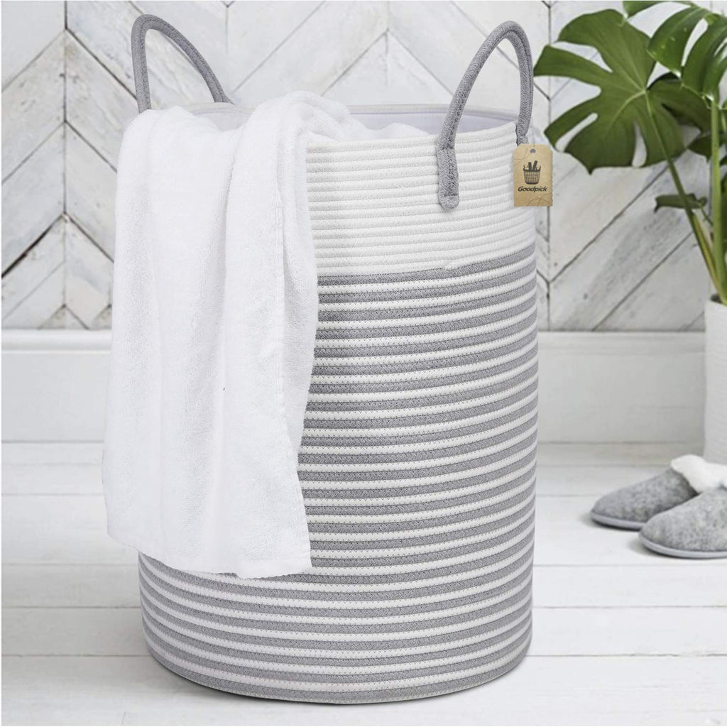 Goodpick Tall Laundry Basket - Large Laundry Hamper for Dirty Clothes Cotton Rope Basket for Blanket in Living Room Woven Storage Basket Toy Basket for Nursery Storage, 21.6 inches H X 15.7 inches D
