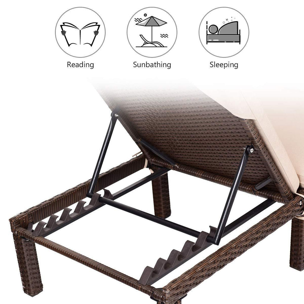 Tangkula Patio Reclining Chaise Lounge Outdoor Beach Pool Yard Porch Wicker Rattan Adjustable Backrest Lounger Chair (Brown Without Wheel and Pillow)