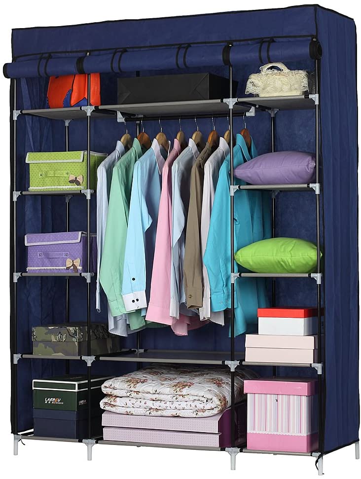 SoSo-BanTian1989 Closet Organizer Wardrobe, Portable Closet with Non-Woven Fabric Dustproof Cover, Clothes Closet Storage Organizer Shelves, 53 x 18 x 67 inch (Dark Blue)