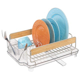 mDesign Large Kitchen Countertop, Sink Dish Drying Rack with Removable Cutlery Tray and Drainboard with Adjustable Swivel Spout - 3 Pieces, Silver Wire/Black Plastic Cutlery Caddy and Drainboard