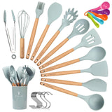 CORAFEI Silicone Cooking Kitchen 11 PCS Acacia Wooden Utensils Tool for Nonstick Cookware,BPA Free, Non Toxic Turner Tongs Spatula Spoon Set with Holder