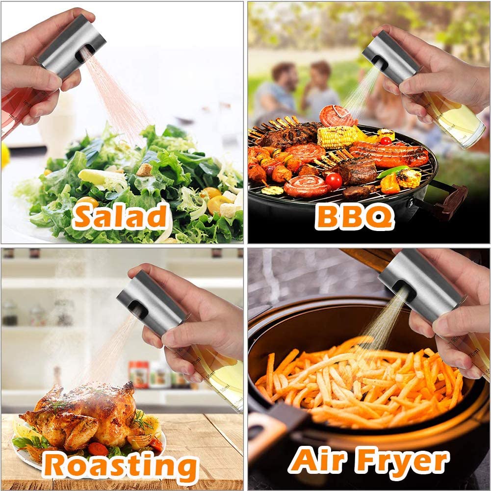 AIFUSI Olive Oil sprayer Mister for Cooking- Stainless Steel Glass Spray Oil Bottle Dispenser for Kitchen Air Fryer BBQ Salad Baking Roasting Grilling - 2 Pack, 3.4Oz Capacity