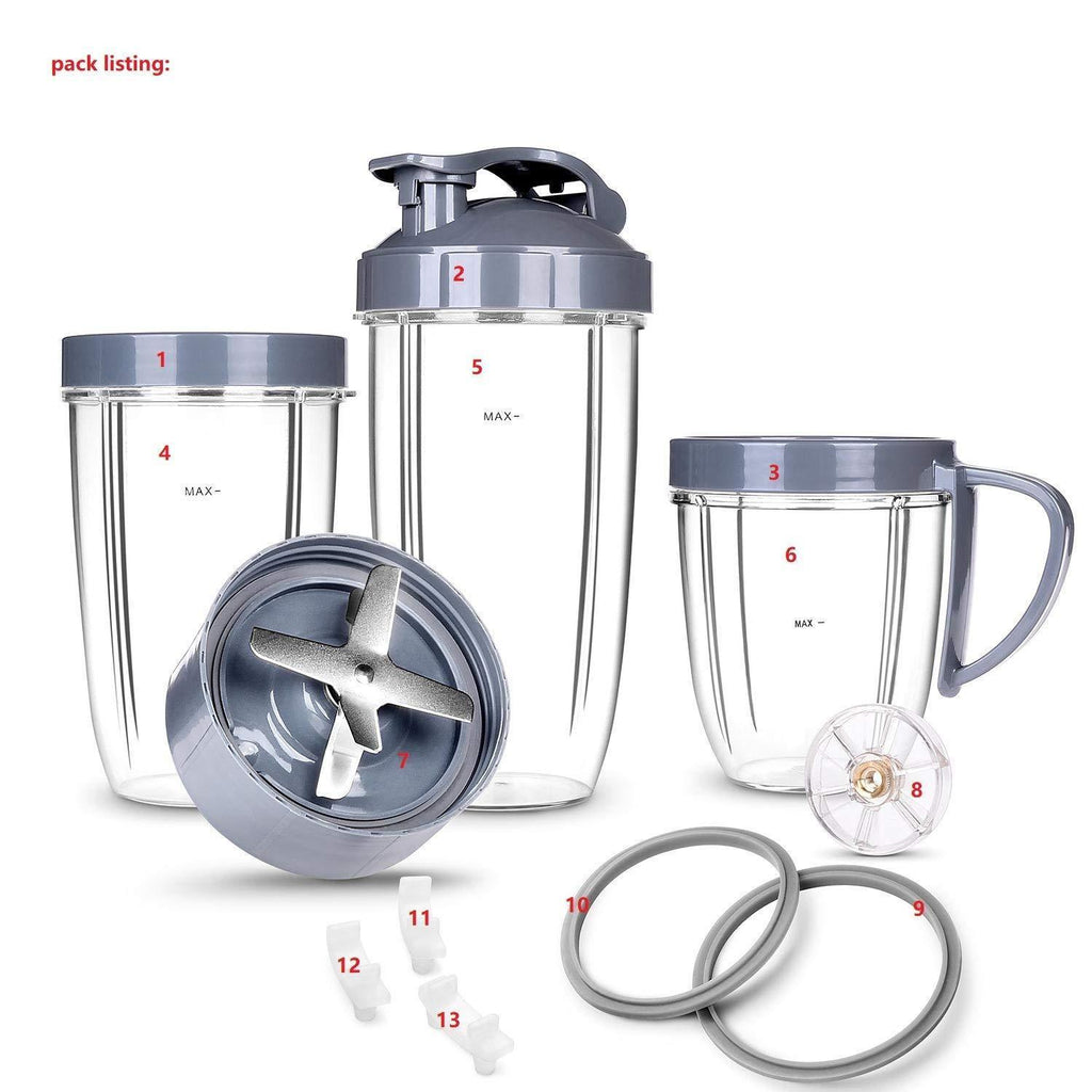 Deluxe Upgrade Parts kit ULTIMATE Cups & Blade &Top Gear & Gaskets & Shock Pad 13-Piece Replacement Set Compatible with NutriBullet High-Speed Blender/Mixer System 600W-900W Series